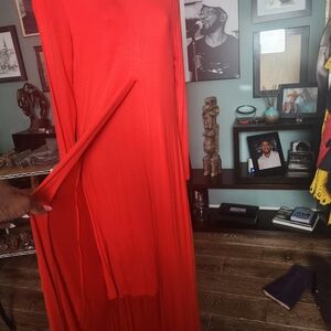 Women's Red Maxi Dress - Lightweight Long Sleeve